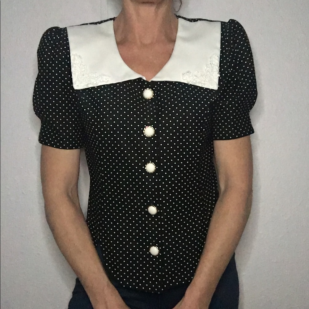 Vtg Polka Dot Button Down Blouse - image 1
